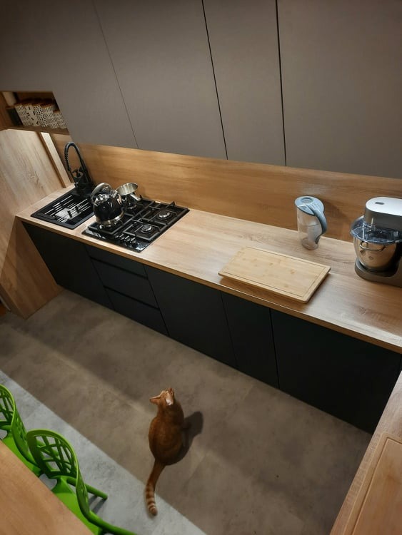 Nowoczesna kuchnia z czarnymi szafkami i drewnianym blatem, widziana z góry, z rudym kotem na podłodze i zielonymi krzesłami w rogu kadru.