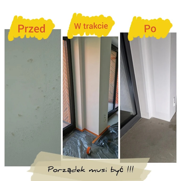 Remont ściany: widok przed zanieczyszczeniami, w trakcie z folią ochronną i po, z gładką powierzchnią przy oknie. Porządek prac remontowych.