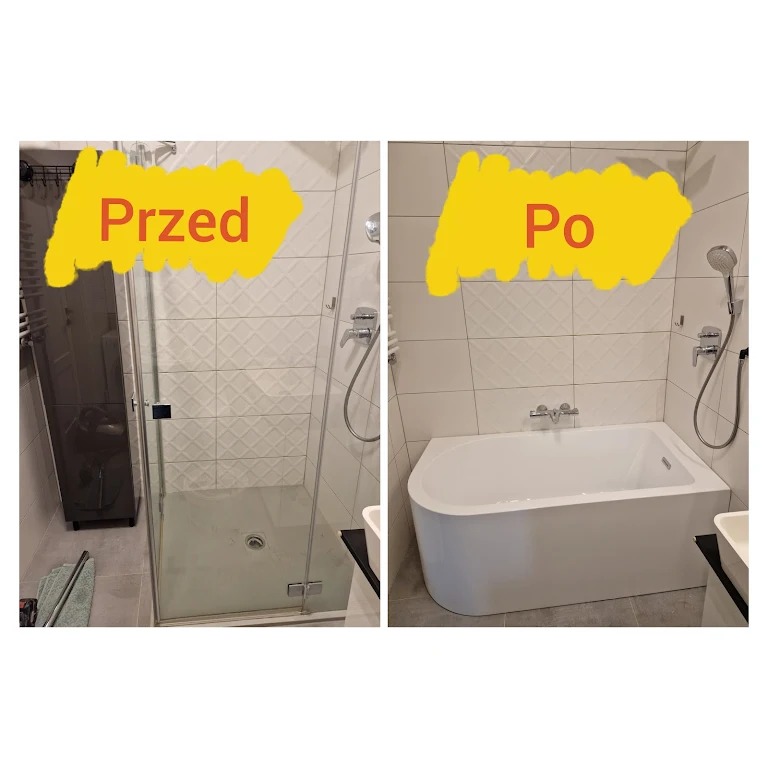 Remont łazienki: porównanie stanu przed (kabina prysznicowa) i po (wanna) z białymi płytkami na ścianach. Widoczne zmiany w aranżacji i wyposażeniu.
