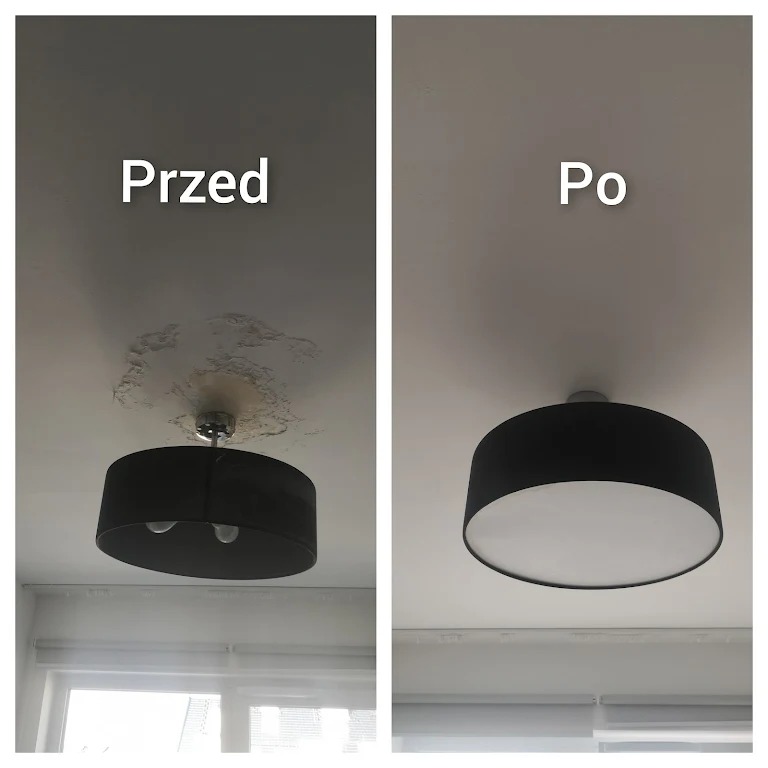 Porównanie stanu sufitu 'przed' z widocznymi plamami i 'po' remoncie, z zamontowaną lampą. Ukazanie efektu odnowienia sufitu w mieszkaniu.