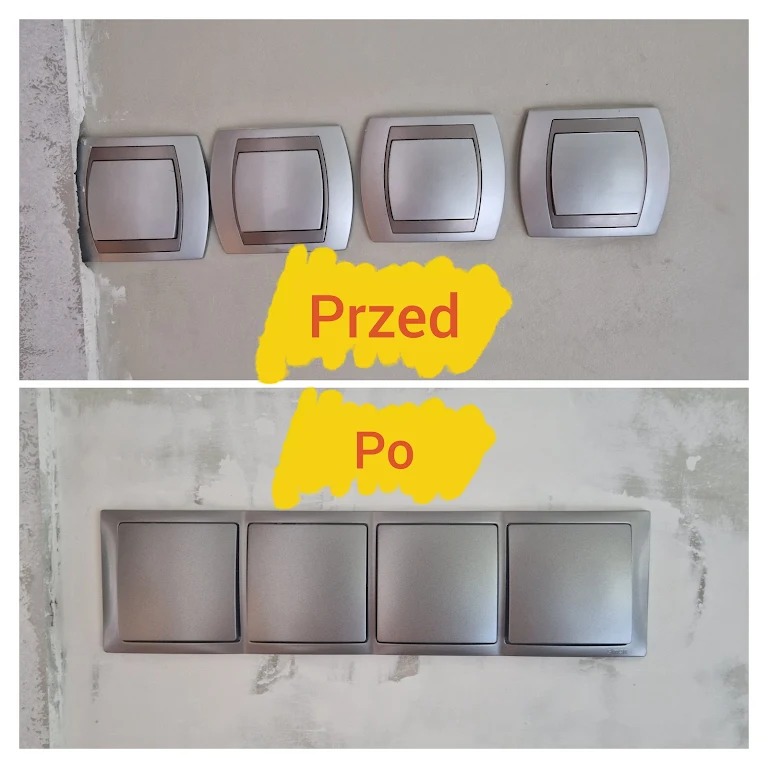 Cztery srebrne włączniki światła na ścianie, ujęcie typu 'przed i po' - widoczne różnice w stanie ściany wokół włączników. Remont instalacji elektrycznej.