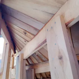 Surowe drewno tworzące konstrukcję dachu, widoczne liczne gwoździe mocujące elementy oraz surowy rysunek na jednym ze słupków.