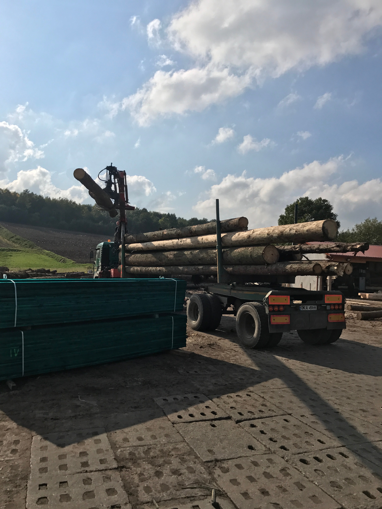 Ciężarówka z przyczepą załadowana okrąglakami drewna, z dźwigiem do załadunku, na tle zieleni i błękitnego nieba z chmurami. Na pierwszym planie ułożone deski.