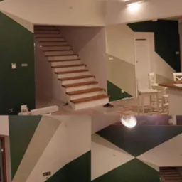 Dwupoziomowe wnętrze z pomalowanymi ścianami w geometryczne wzory w odcieniach zieleni i beżu, drewniane schody z białymi podstopnicami, widoczne ślady prac wykończeniowych na podłodze.