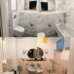 Kamil Miłek Usługi budowlane - Zdjęcie 'przed i po' remontu łazienki: od różowych płytek i starej armatury do nowoczesnych, marmurkowych płytek, białej armatury i minimalistycznego designu.