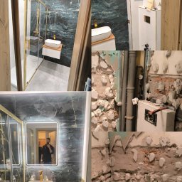 Kamil Miłek Usługi budowlane - Remont łazienki: kolaż zdjęć prezentuje stan przed i po, z widocznymi instalacjami oraz wykończoną łazienką z zielonymi płytkami i złotymi akcentami.