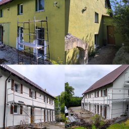 Kamil Miłek Usługi budowlane - Dom przed i po ociepleniu: zielona elewacja przed remontem i biała, odnowiona elewacja po remoncie. Widoczne rusztowania i elementy wykończeniowe.