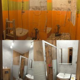 Kamil Miłek Usługi budowlane - Remont łazienki: widok przed i po. Górna część zdjęcia ukazuje demontaż starej armatury i płytek, dolna prezentuje nową, wykończoną łazienkę z kabiną prysznicową.