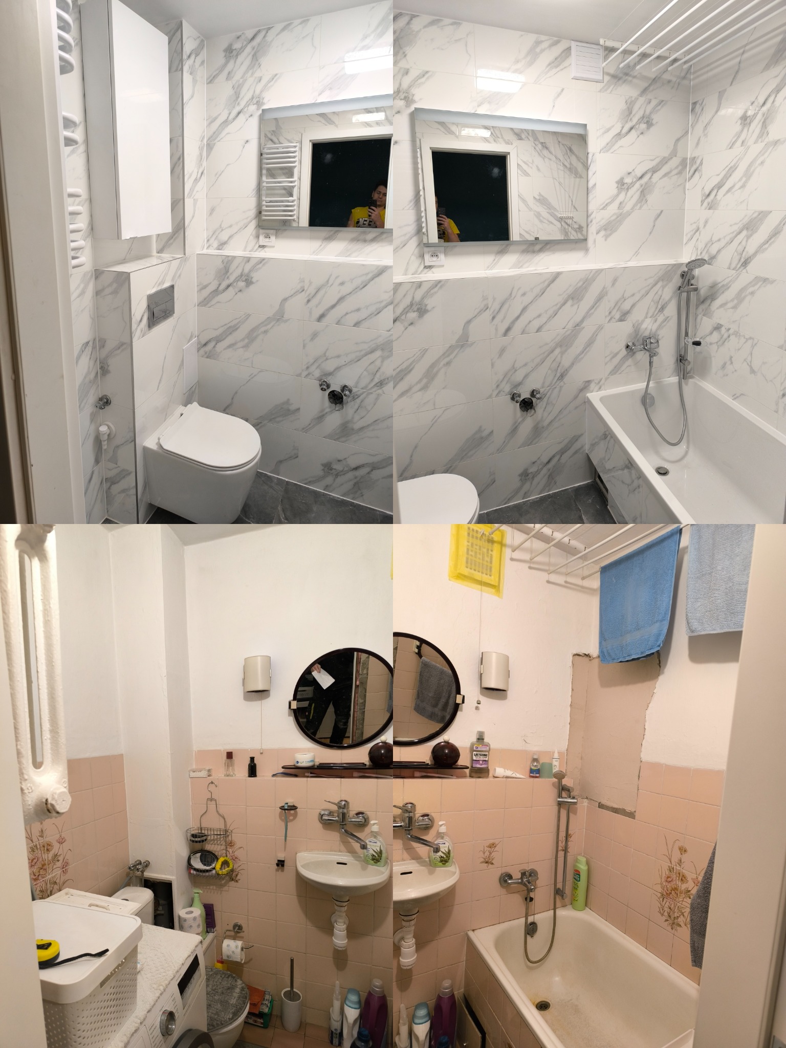 Zdjęcie 'przed i po' remontu łazienki: od różowych płytek i starej armatury do nowoczesnych, marmurkowych płytek, białej armatury i minimalistycznego designu.