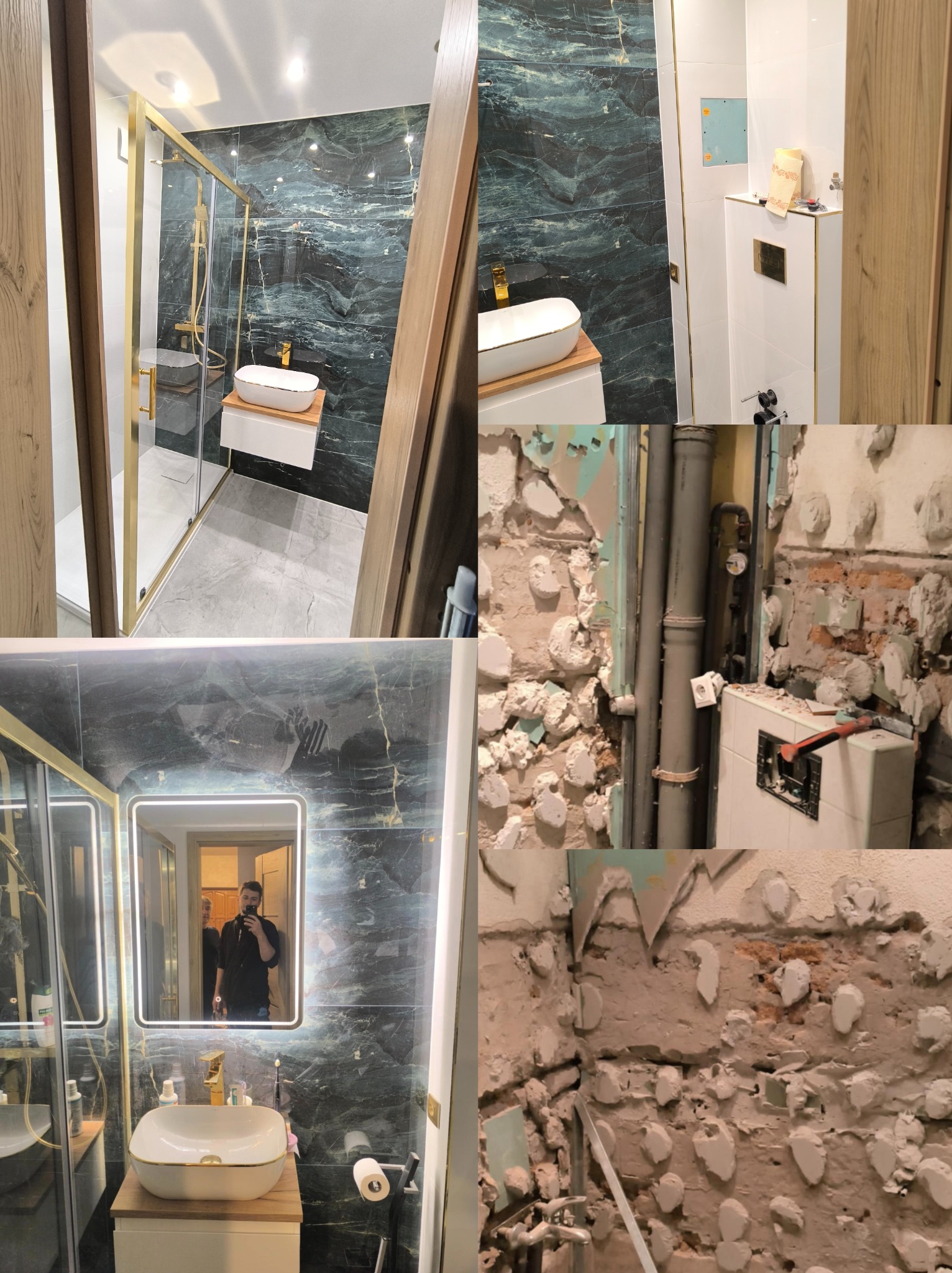 Remont łazienki: kolaż zdjęć prezentuje stan przed i po, z widocznymi instalacjami oraz wykończoną łazienką z zielonymi płytkami i złotymi akcentami.