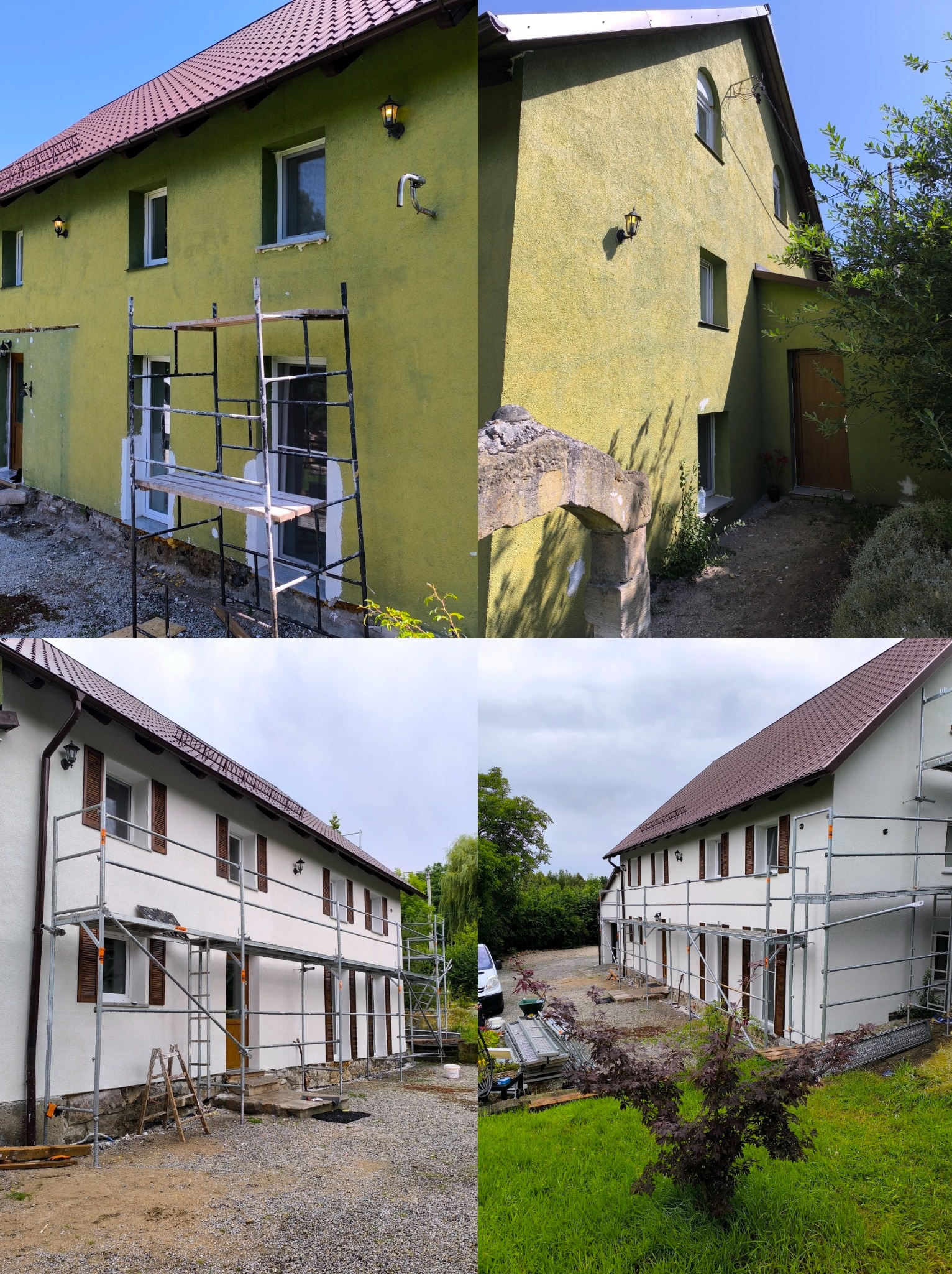 Dom przed i po ociepleniu: zielona elewacja przed remontem i biała, odnowiona elewacja po remoncie. Widoczne rusztowania i elementy wykończeniowe.