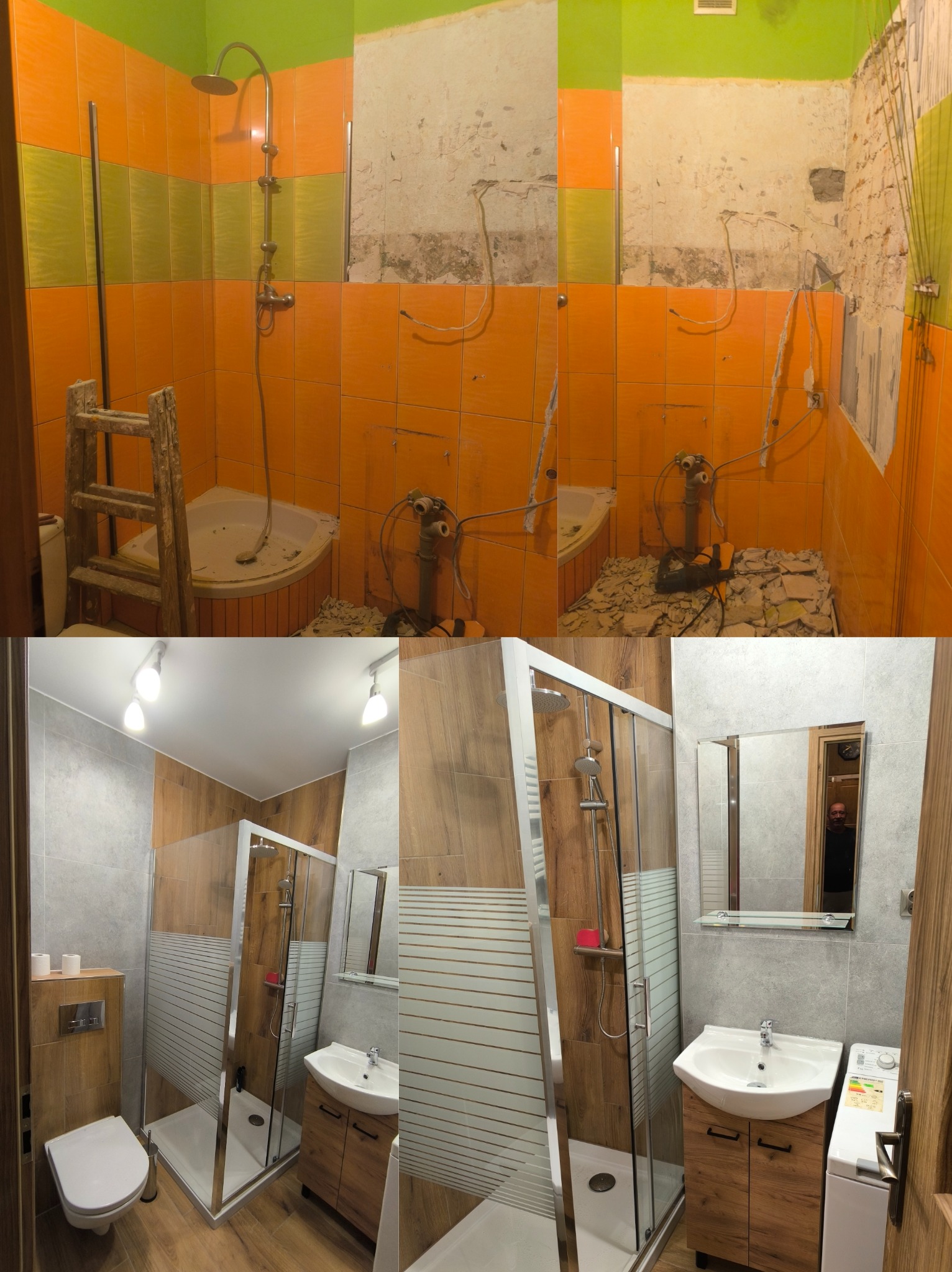 Remont łazienki: widok przed i po. Górna część zdjęcia ukazuje demontaż starej armatury i płytek, dolna prezentuje nową, wykończoną łazienkę z kabiną prysznicową.