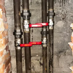 Dwie pary starych, pionowych rur z zaworami odcinającymi JGreen z czerwonymi rączkami, zamontowane przy surowej ścianie z cegły i betonu.