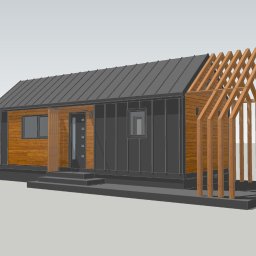 SEBASTIAN BIEGANEK ZAKŁAD PRODUKCYJNO-HANDLOWO-USŁUGOWY - Wizualizacja 3D domu szkieletowego z drewnianą konstrukcją dachu w trakcie budowy. Widoczne deski elewacyjne i metalowe panele. Nowoczesny projekt z minimalistycznym stylem.
