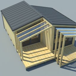 SEBASTIAN BIEGANEK ZAKŁAD PRODUKCYJNO-HANDLOWO-USŁUGOWY - Wizualizacja domu szkieletowego z drewnianą elewacją, płaskim dachem i przeszklonymi werandami, prezentowana z lotu ptaka na szarym tle.