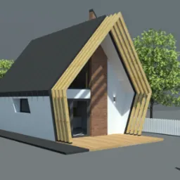 Wizualizacja domu z elementami drewnianymi, czarnym dachem i białymi ścianami. Widoczne drzewa i białe ogrodzenie. Nowoczesny projekt architektoniczny.