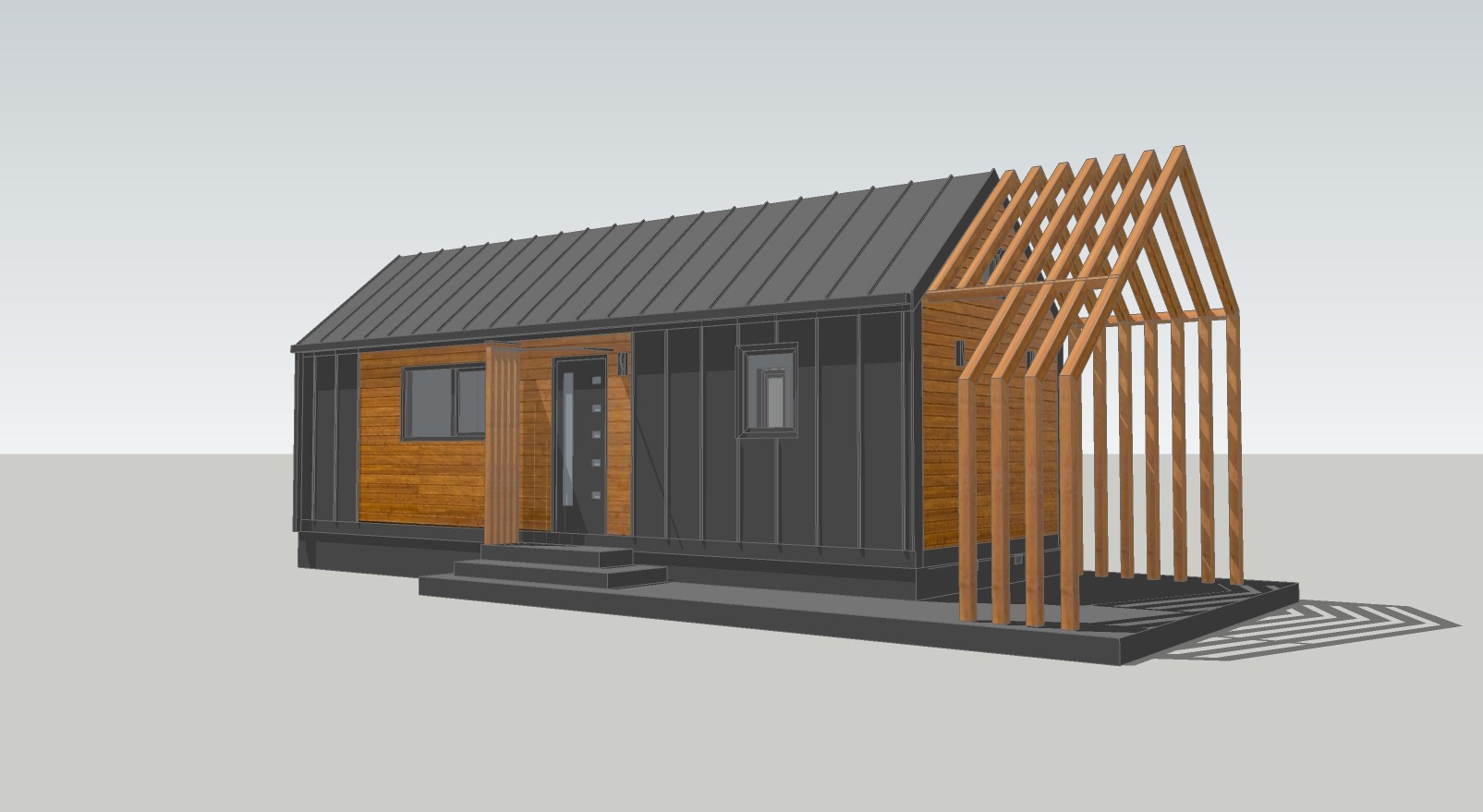Wizualizacja 3D domu szkieletowego z drewnianą konstrukcją dachu w trakcie budowy. Widoczne deski elewacyjne i metalowe panele. Nowoczesny projekt z minimalistycznym stylem.