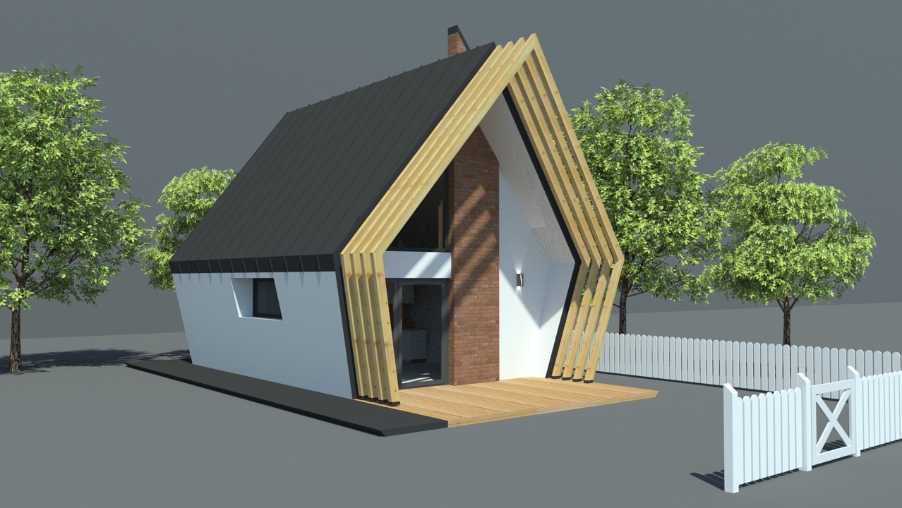 Wizualizacja domu z elementami drewnianymi, czarnym dachem i białymi ścianami. Widoczne drzewa i białe ogrodzenie. Nowoczesny projekt architektoniczny.