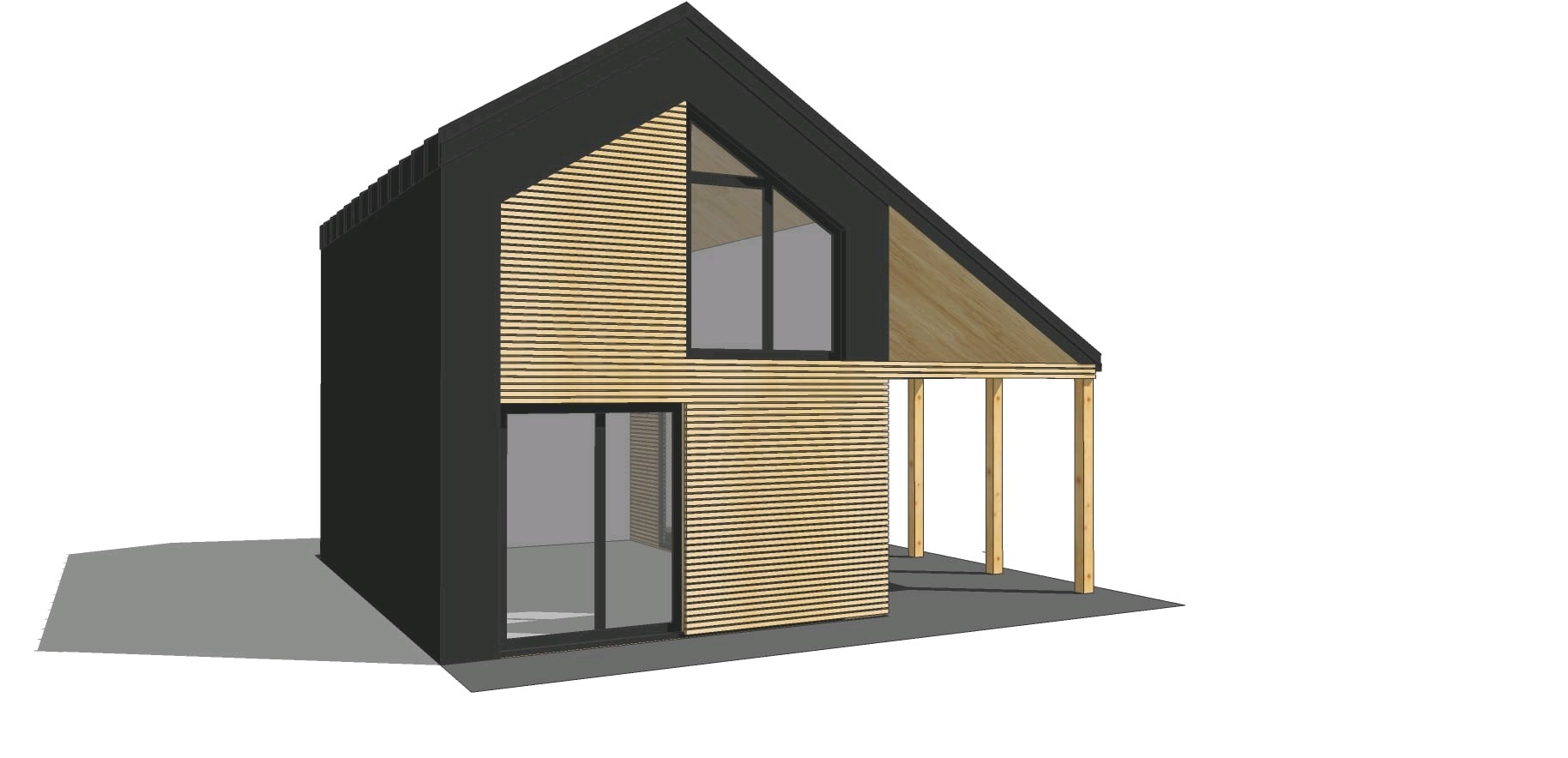 Wizualizacja 3D nowoczesnego domu z drewnianą elewacją, czarnym dachem i dużymi oknami. Widoczny fragment tarasu z drewnianymi słupami.