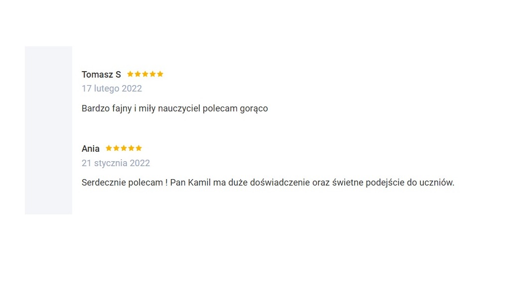 Zrzut ekranu z pozytywnymi opiniami od klientów Tomasza S i Ani z oceną 5 gwiazdek, chwalących nauczyciela za bycie fajnym, miłym i posiadanie dużego doświadczenia oraz świetnego podejścia do uczniów.