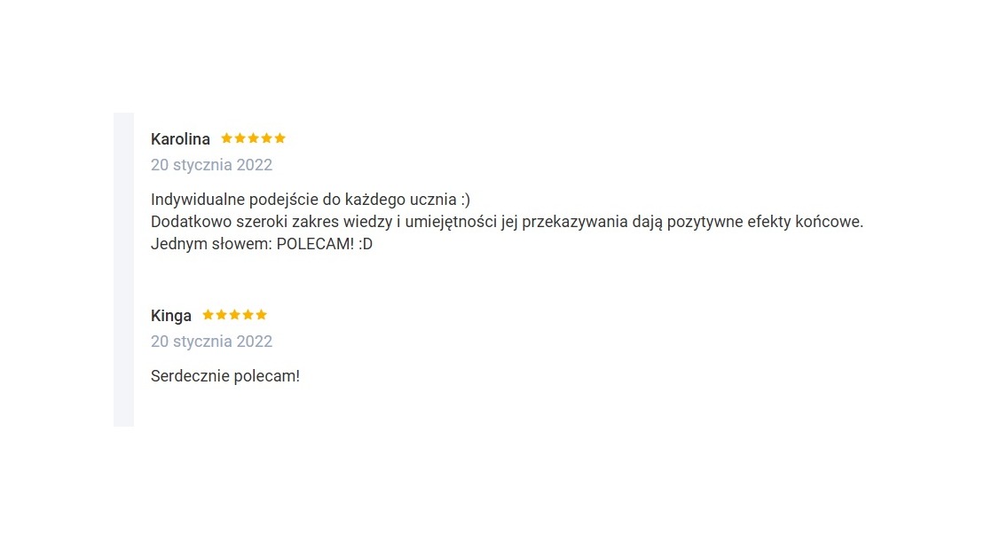 Zrzut ekranu z pozytywnymi opiniami klientów, Karolina i Kinga, z oceną 5 gwiazdek, polecających usługi edukacyjne z indywidualnym podejściem i szerokim zakresem wiedzy.