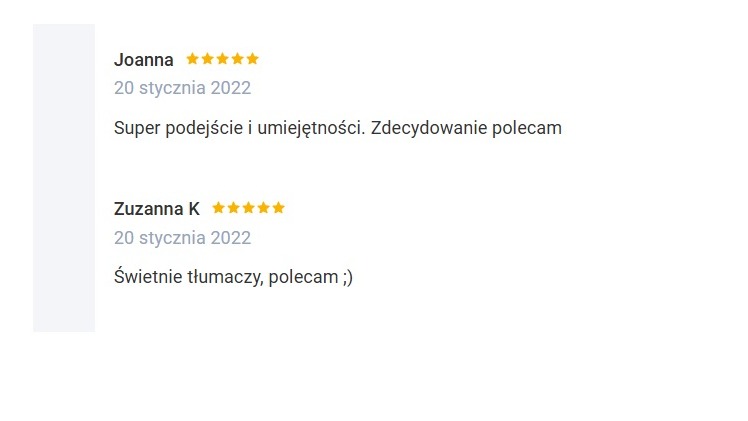 Zrzut ekranu z pozytywnymi opiniami klientów: Joanna chwali super podejście i umiejętności, a Zuzanna K poleca za świetne tłumaczenie.