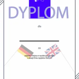 Grafika dyplomu za zajęcie pierwszego miejsca w quizie językowym z okazji Dnia Języków Obcych, z flagami Niemiec i Wielkiej Brytanii.