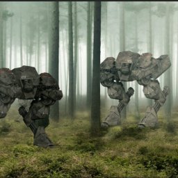 Kacper Misior - Trzy futurystyczne, kroczące roboty w zalesionym, mglistym terenie, z numerami 03 i 05 widocznymi na ich pancerzach.