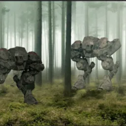 Trzy futurystyczne, kroczące roboty w zalesionym, mglistym terenie, z numerami 03 i 05 widocznymi na ich pancerzach.