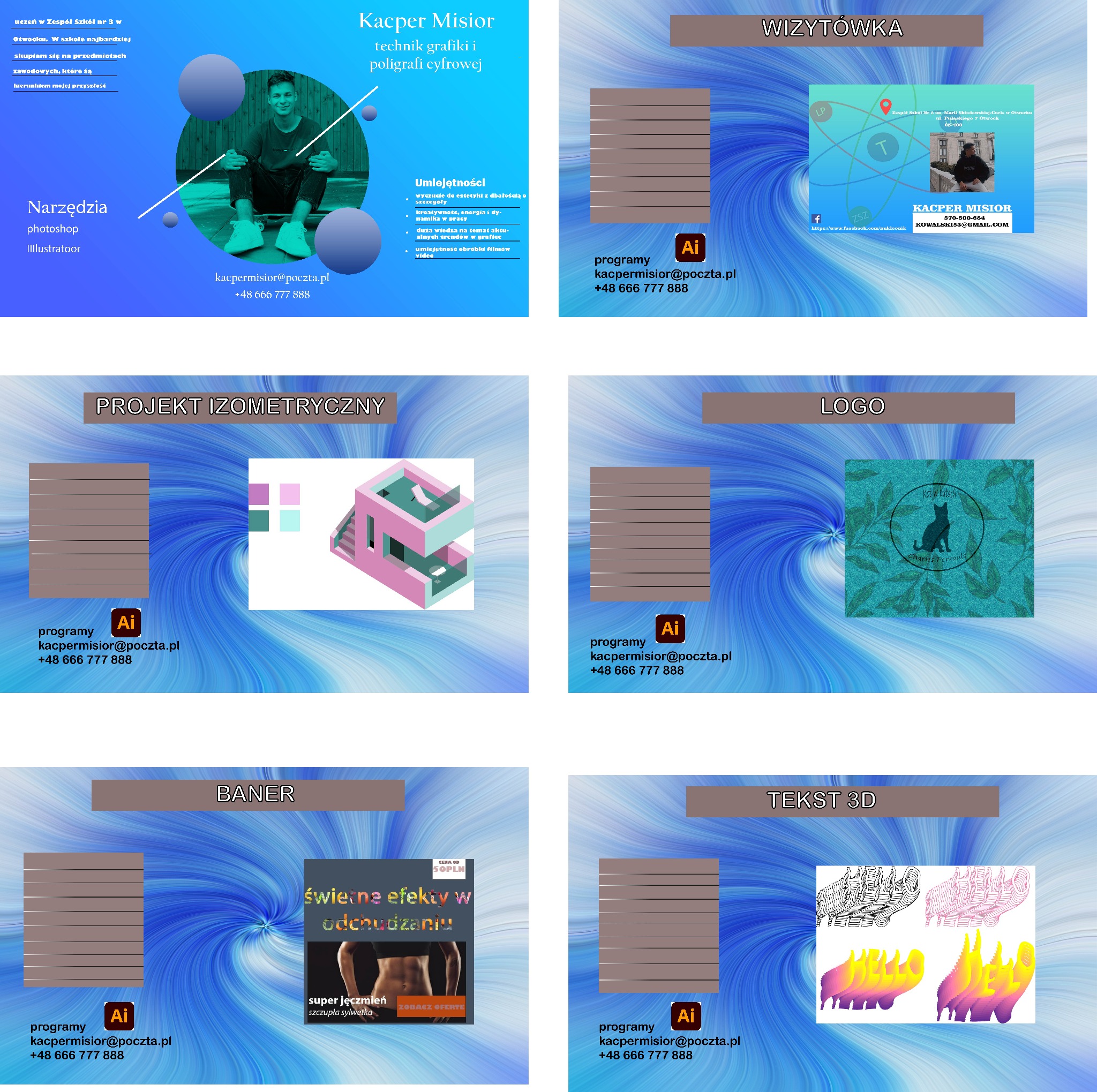 Kompozycja graficzna prezentująca portfolio grafika: wizytówka, projekt izometryczny budynku, logo z kotem w butach, baner reklamowy suplementu diety i tekst 3D, z danymi kontaktowymi.