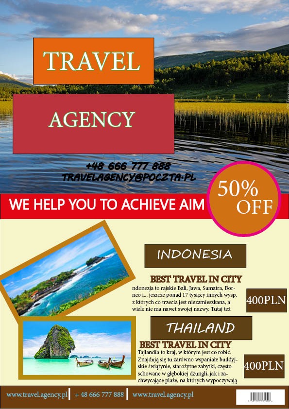Plakat reklamowy biura podróży z ofertą wycieczek do Indonezji i Tajlandii, z informacjami kontaktowymi i rabatem 50%.