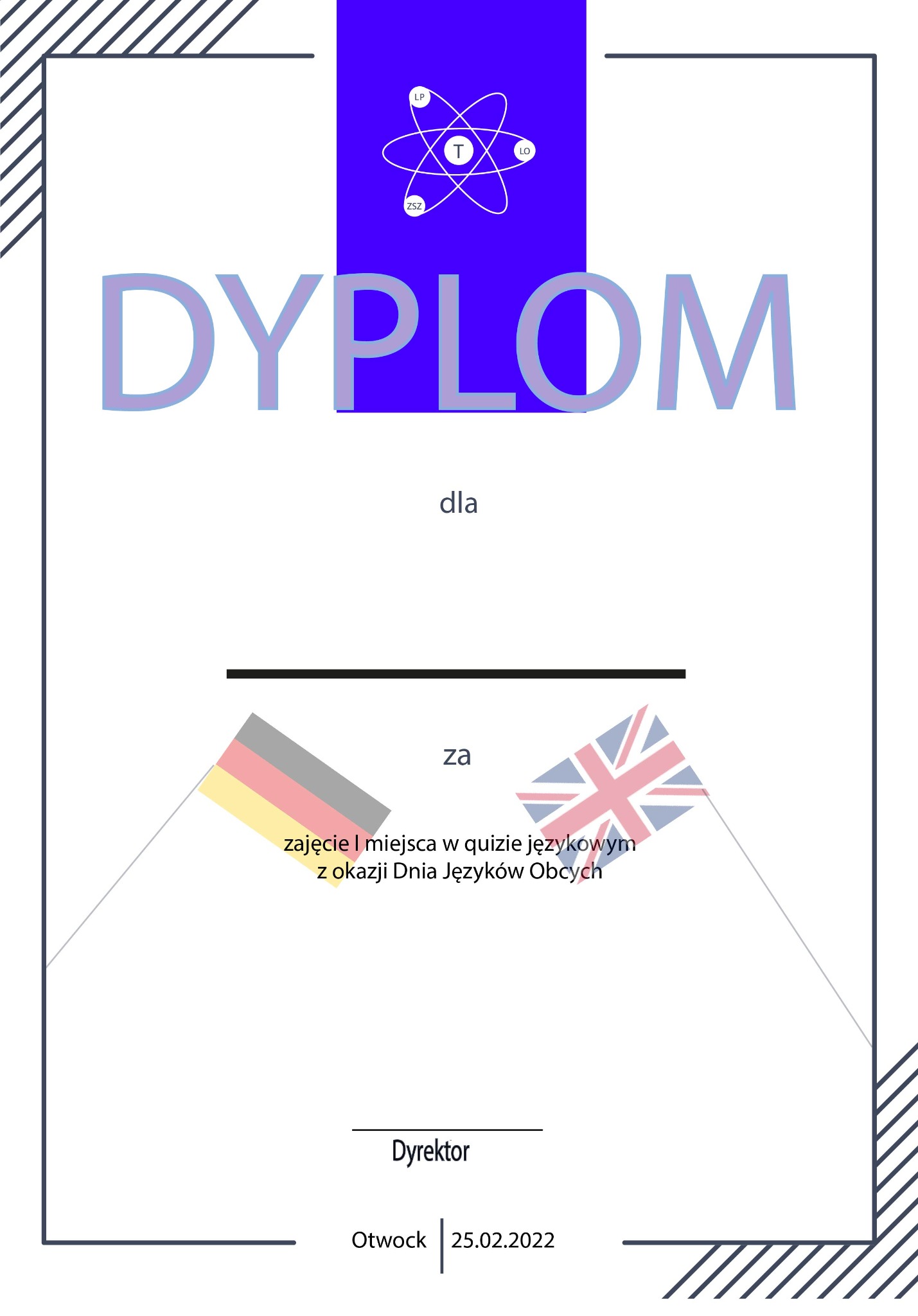 Grafika dyplomu za zajęcie pierwszego miejsca w quizie językowym z okazji Dnia Języków Obcych, z flagami Niemiec i Wielkiej Brytanii.