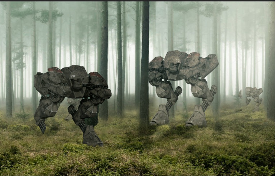 Trzy futurystyczne, kroczące roboty w zalesionym, mglistym terenie, z numerami 03 i 05 widocznymi na ich pancerzach.