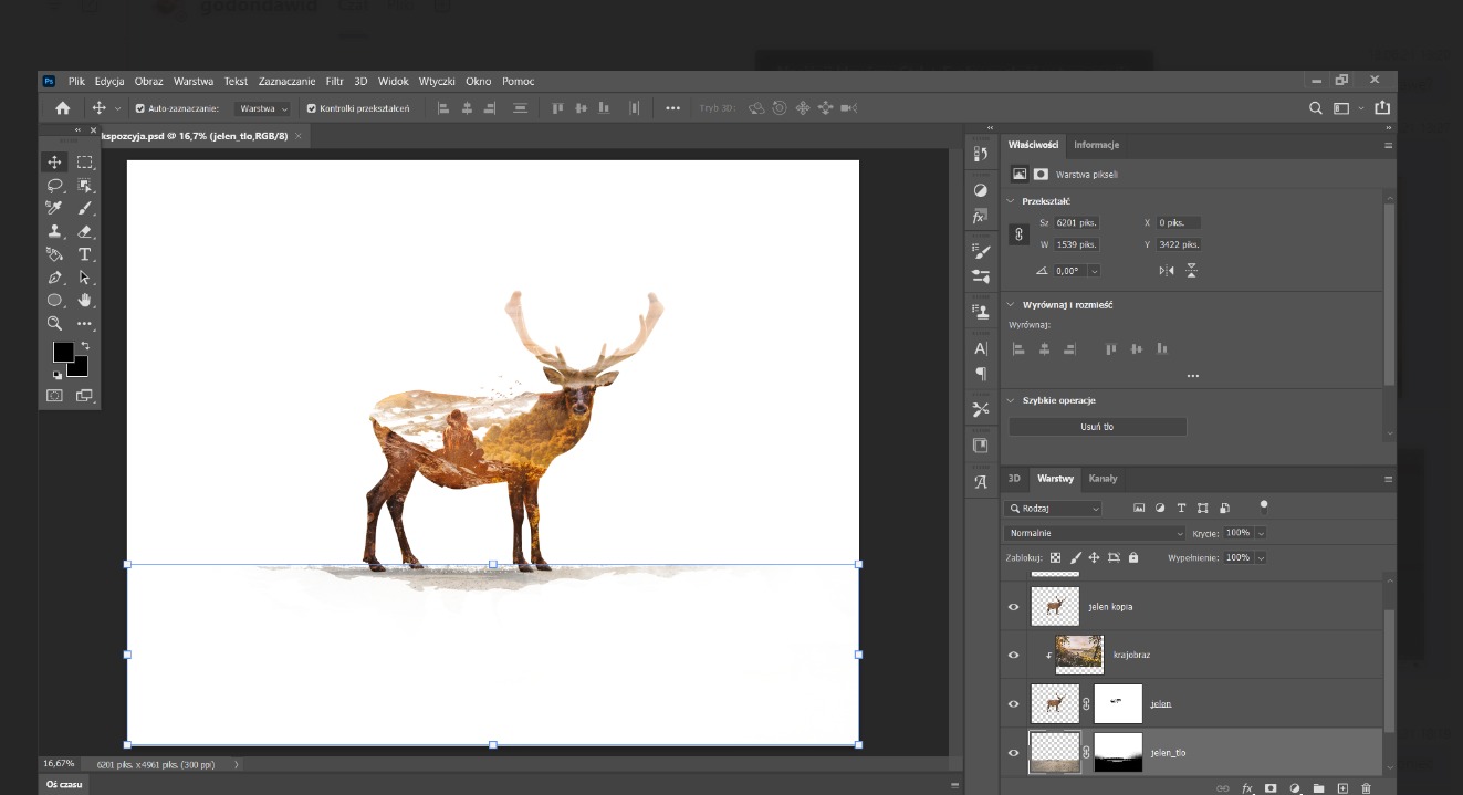 Zrzut ekranu programu graficznego z otwartym projektem: sylwetka jelenia z rogami wypełniona krajobrazem górskim, widoczne panele narzędzi i warstw.