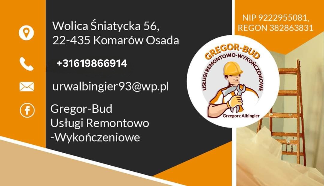 Wizytówka firmy remontowo-wykończeniowej Gregor-Bud z adresem, numerem telefonu, adresem e-mail, NIP i REGON oraz logo z wizerunkiem fachowca z narzędziem na tle drabiny i zabezpieczonej folią ściany.