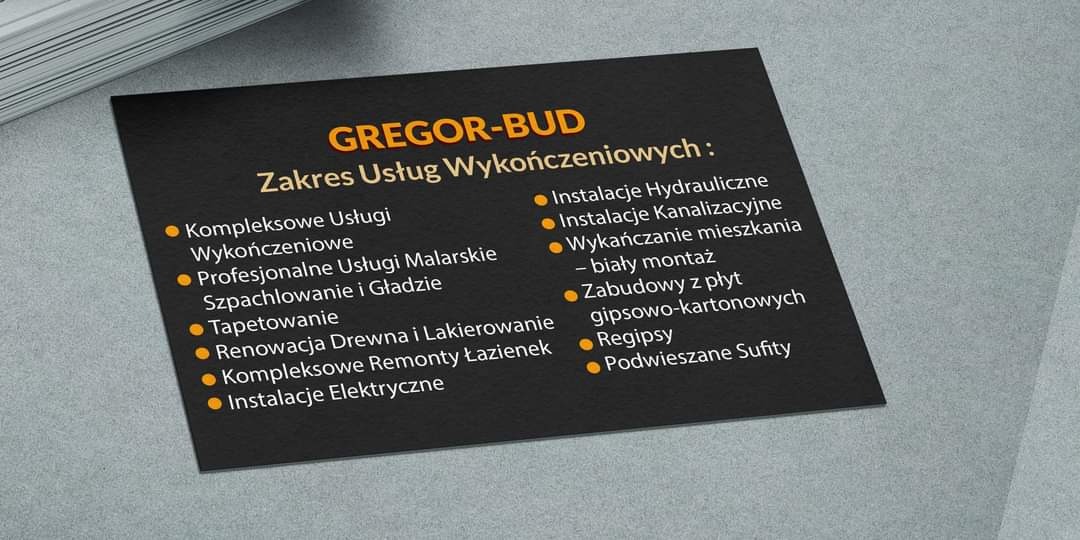 Wizytówka firmy GREGOR-BUD prezentująca zakres usług wykończeniowych, takich jak kompleksowe usługi, malarskie, szpachlowanie, gładzie, tapetowanie, renowacja drewna, remonty łazienek, instalacje...