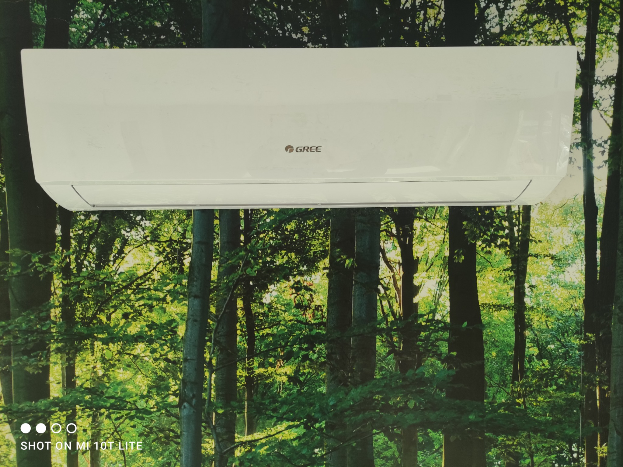 Biała jednostka wewnętrzna klimatyzacji marki Gree na tle fototapety z motywem leśnym.