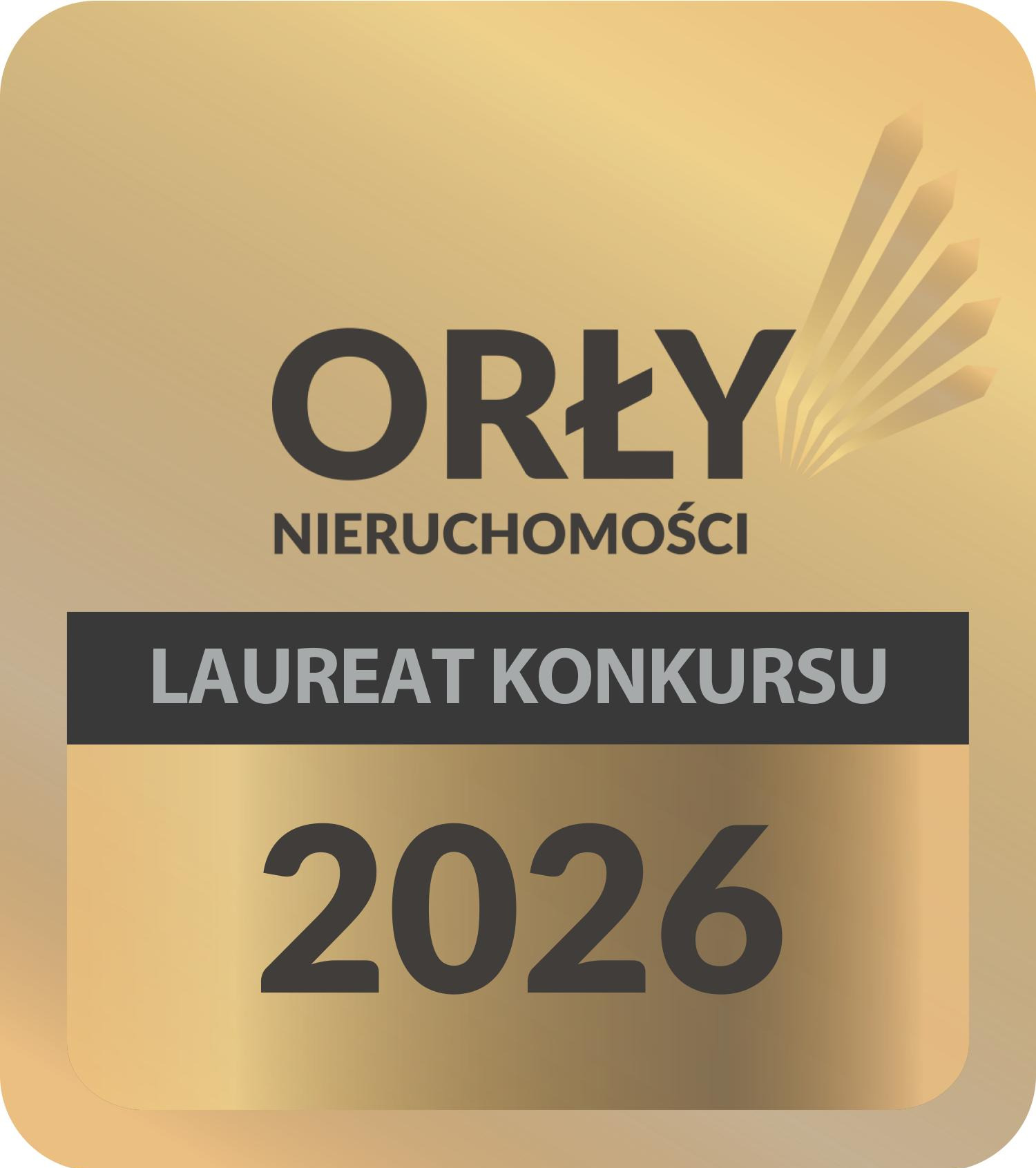 Złota nagroda 'Orły Nieruchomości' dla laureata konkursu w 2026 roku. Logo konkursu z nazwą i rokiem na gładkim, złotym tle.