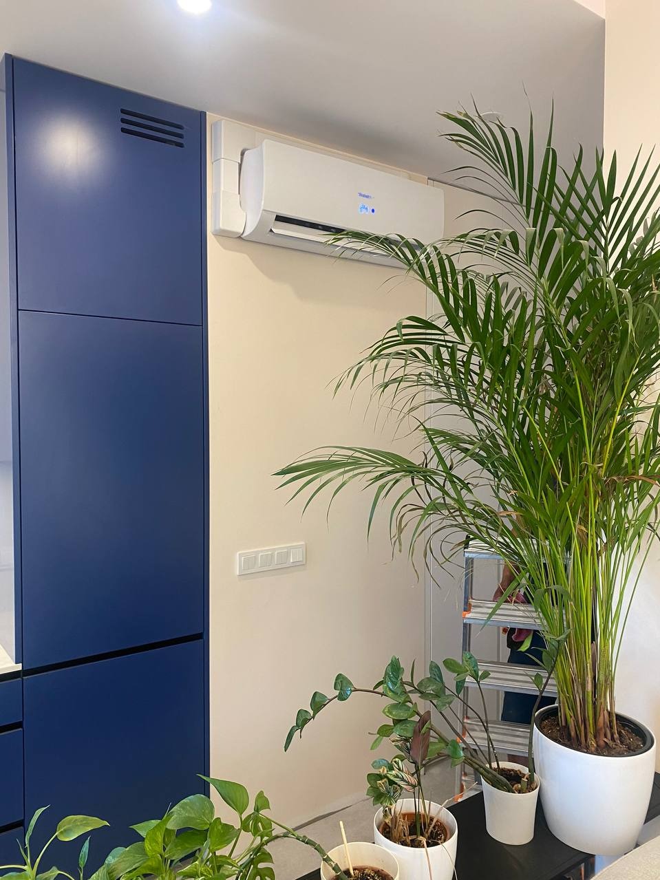 Klimatyzator zamontowany na ścianie w mieszkaniu w Warszawie, widoczny obok szafki w kolorze granatowym i zielonych roślin doniczkowych.