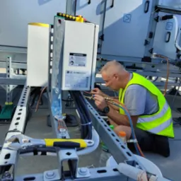 Instalator w kamizelce odblaskowej łączy miedziane rurki przy module komunikacyjnym LG AHU, widoczne narzędzia i elementy konstrukcyjne instalacji.