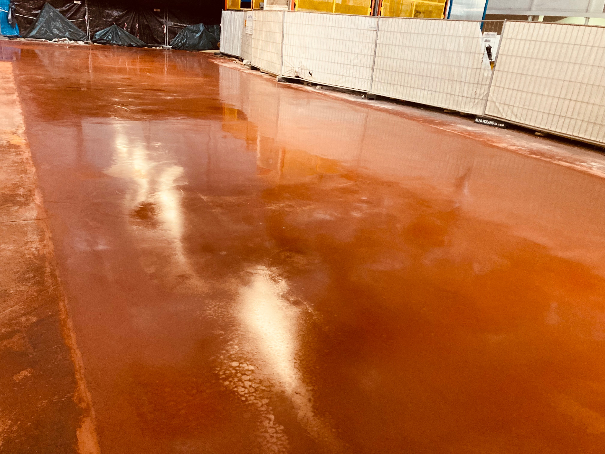 Świeżo wylana, błyszcząca, pomarańczowa posadzka przemysłowa z widocznymi refleksami światła, zabezpieczona tymczasowymi panelami ogrodzeniowymi w tle.