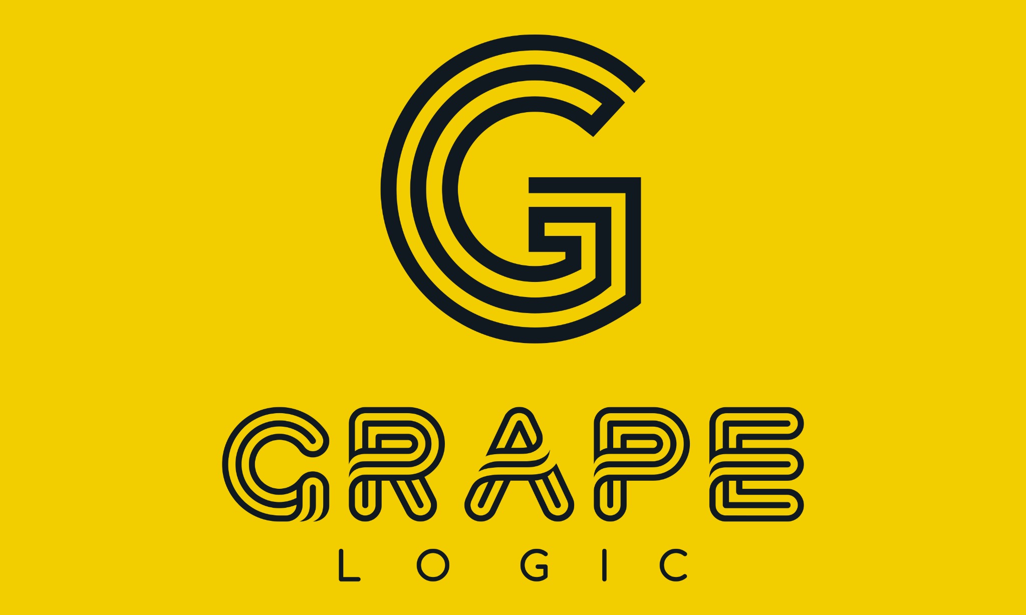 Logo firmy Grape Logic: stylizowana litera 'G' utworzona z trzech koncentrycznych linii, umieszczona nad nazwą firmy zapisaną podobną liniową czcionką, wszystko na jednolitym żółtym tle.