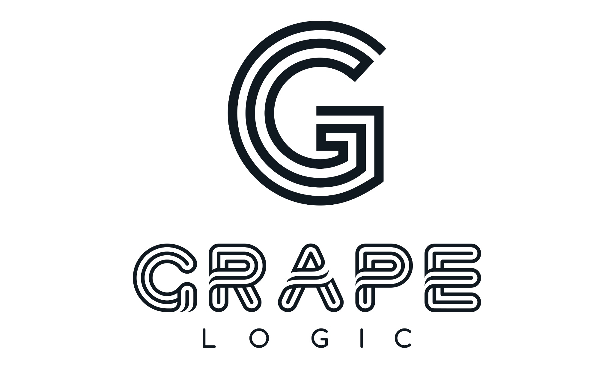 Logo firmy Grape Logic: stylizowana litera G z grubych, równoległych linii, nad napisem 'GRAPE LOGIC' wykonanym podobną czcionką.