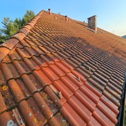 BLASK BRUK DOMINIK FIGZAŁ - Częściowo oczyszczony dach z czerwonej dachówki, widoczne różnice w kolorze i usunięte zabrudzenia, mech na nieumytych fragmentach, komin w tle.
