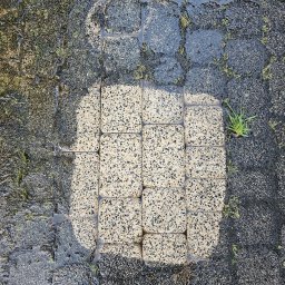 BLASK BRUK DOMINIK FIGZAŁ - Fragment kostki brukowej częściowo wyczyszczonej, z widoczną różnicą w kolorze i zabrudzeniu, otoczonej wodą i drobną roślinnością.