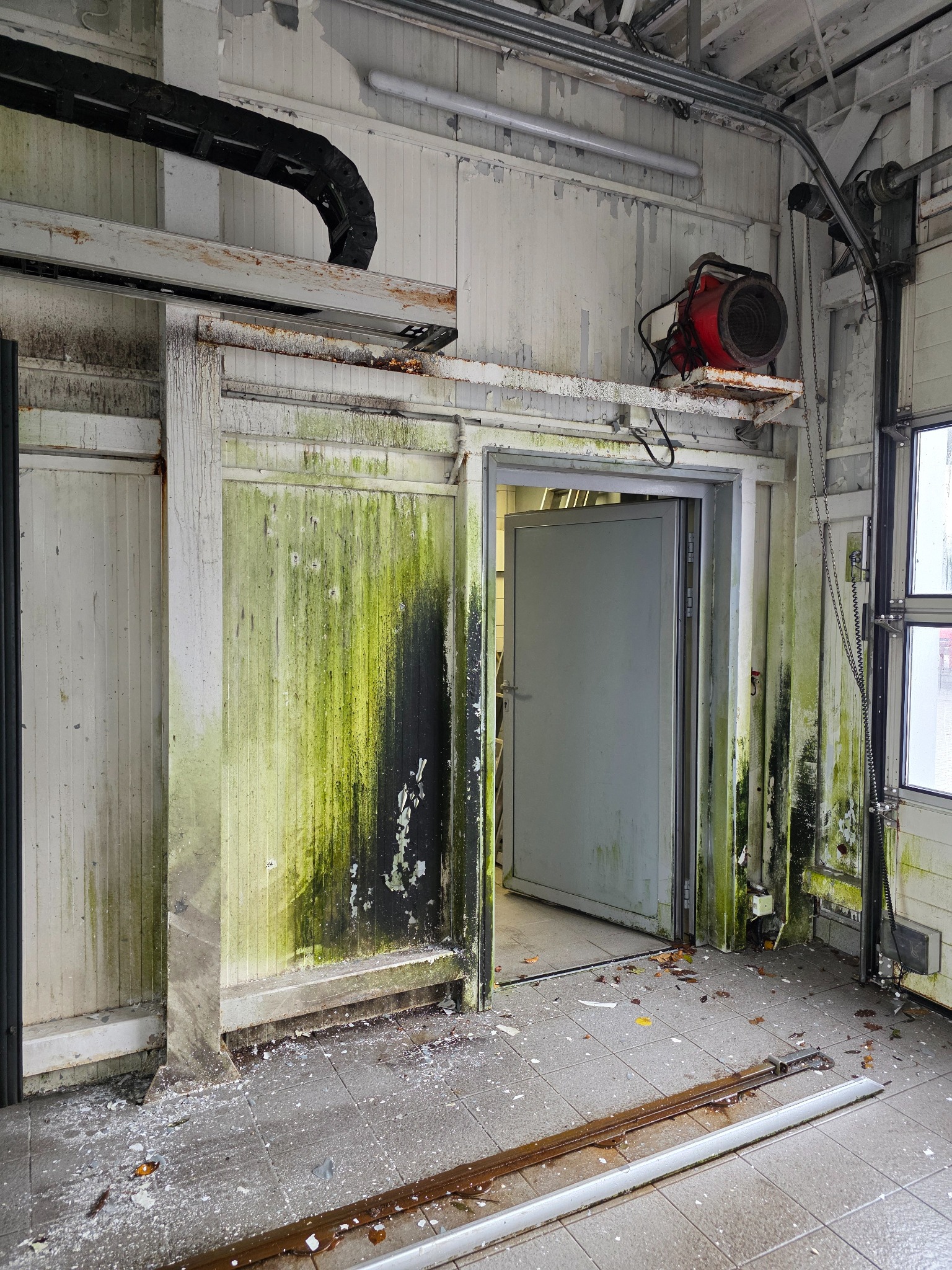 Zaniedbane wnętrze hali z widocznymi śladami wilgoci i pleśni na ścianach, z otwartymi drzwiami i porozrzucanymi odpadami na podłodze. Widoczny grzejnik i elementy konstrukcyjne.