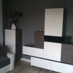 Stolarstwo - Nowoczesna aranżacja salonu z modułową zabudową meblową w odcieniach bieli i szarości, uzupełniona o dekoracje i jasną podłogę panelową.