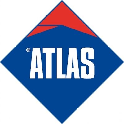 Logo firmy ATLAS: biały napis na niebieskim rombie z czerwonym elementem w górnym rogu.