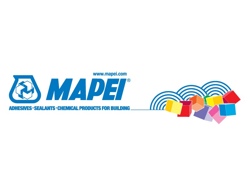 Logo firmy Mapei, producenta klejów, uszczelniaczy i produktów chemicznych dla budownictwa, z kolorowymi kostkami i stylizowanymi falami.