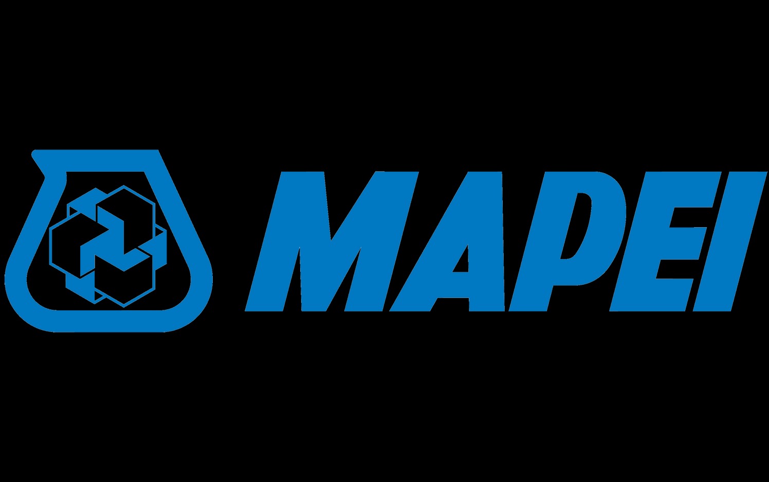 Niebieskie logo Mapei na czarnym tle, przedstawiające schematyczny pojemnik z trzema połączonymi sześcianami oraz nazwę firmy.